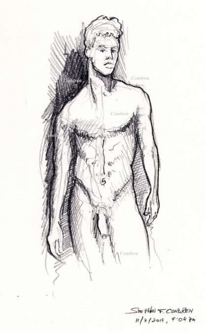 Nude male #329A pencil figure drawing with fit muscular torso, and sexy body.