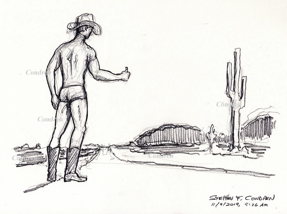 Naked gay cowboy #331Z or bare-chested LGBTQ herdsman, pencil figure drawing or stylus body sketch, by artist Stephen F. Condren, with prints, and scans.