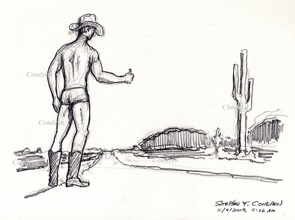 Naked gay cowboy #331Z or bare-chested LGBTQ herdsman, pencil figure drawing or stylus body sketch, by artist Stephen F. Condren, with prints, and scans.