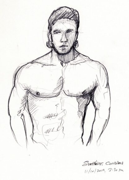 Hot shirtless male #336A pencil figure drawing with buff torso, fit body, and sexy physique.