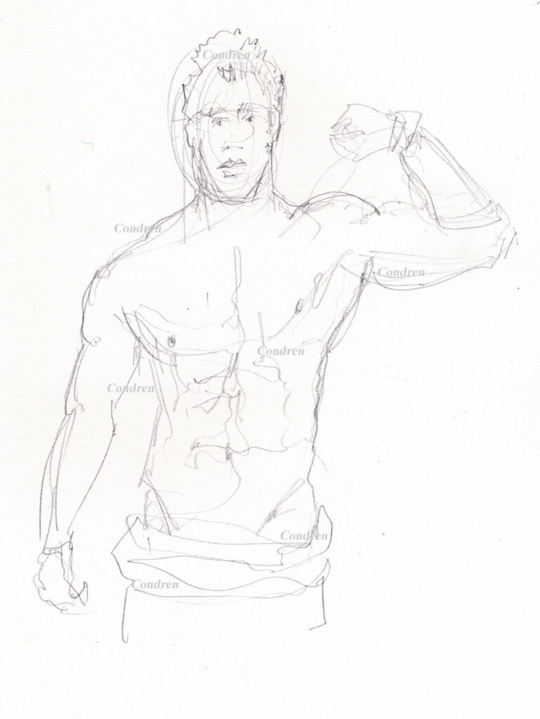 Pencil drawing of a shirtless male by artist Stephen F. Condren. #337Z
