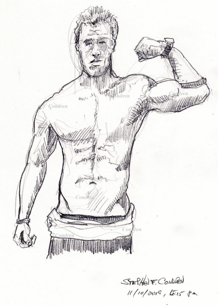 Pencil drawing of a shirtless male by artist Stephen F. Condren.