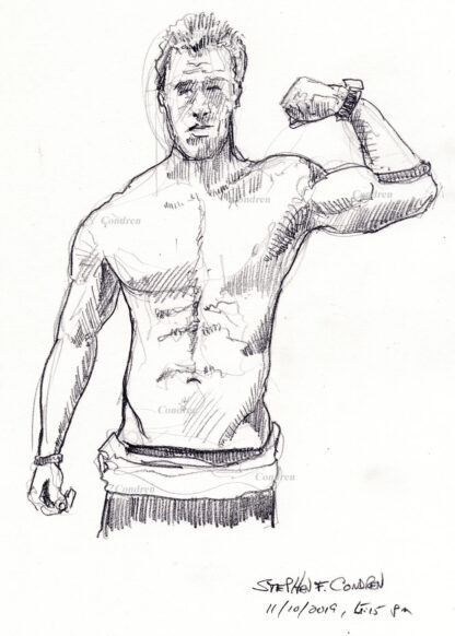 Hot shirtless male #337A pencil figure drawing with his muscular physique, fit body, and sexy torso.