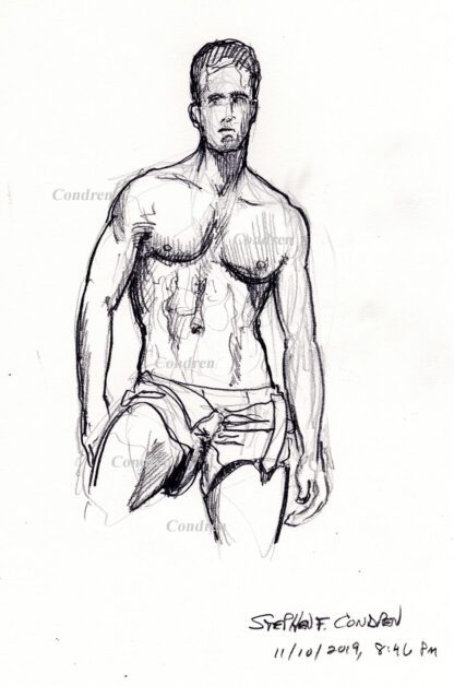 Hot shirtless male #339A pencil figure drawing with his fit body, ripped torso, and gay posture.