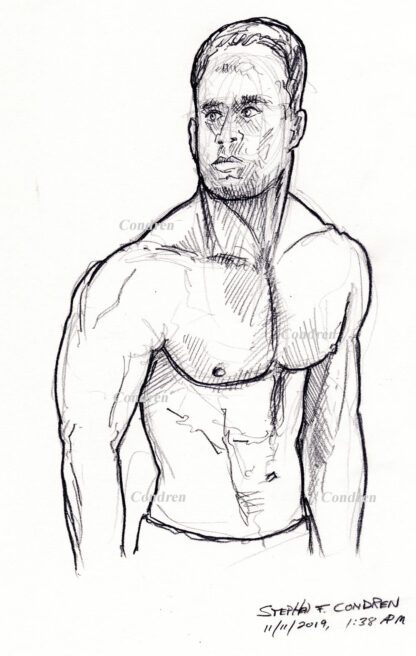 Hot shirtless male #340A pencil figure drawing his fit body, firm pecs, and sexy gay body.
