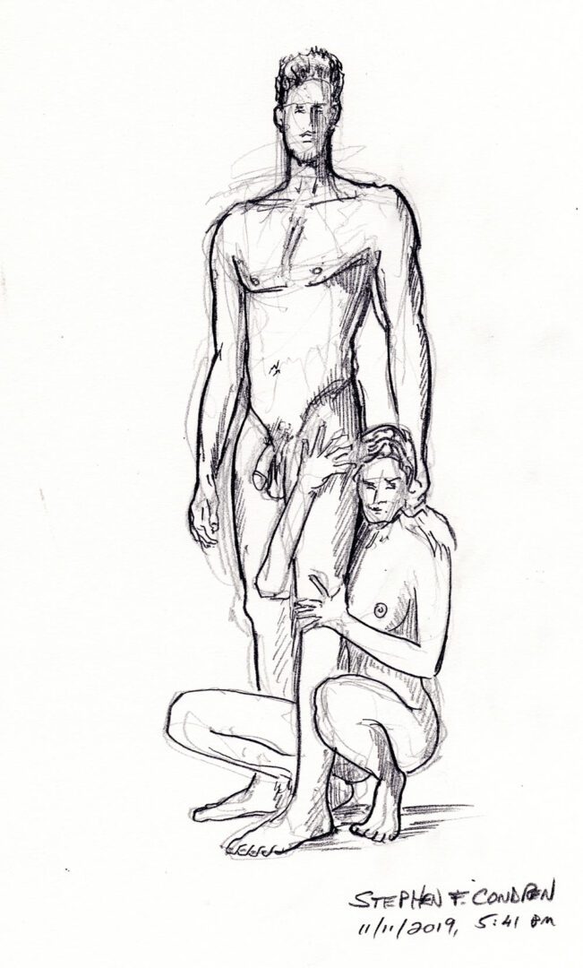 Nude Male Female #341A pencil figure drawing with clean contour lines that delineate the subjects.