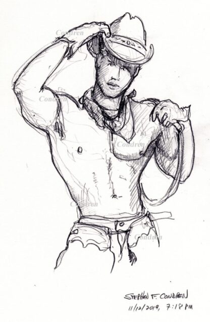 Hot shirtless cowboy #344A pencil figure drawing with his twisted torso, sexy bar chest, and rope, 