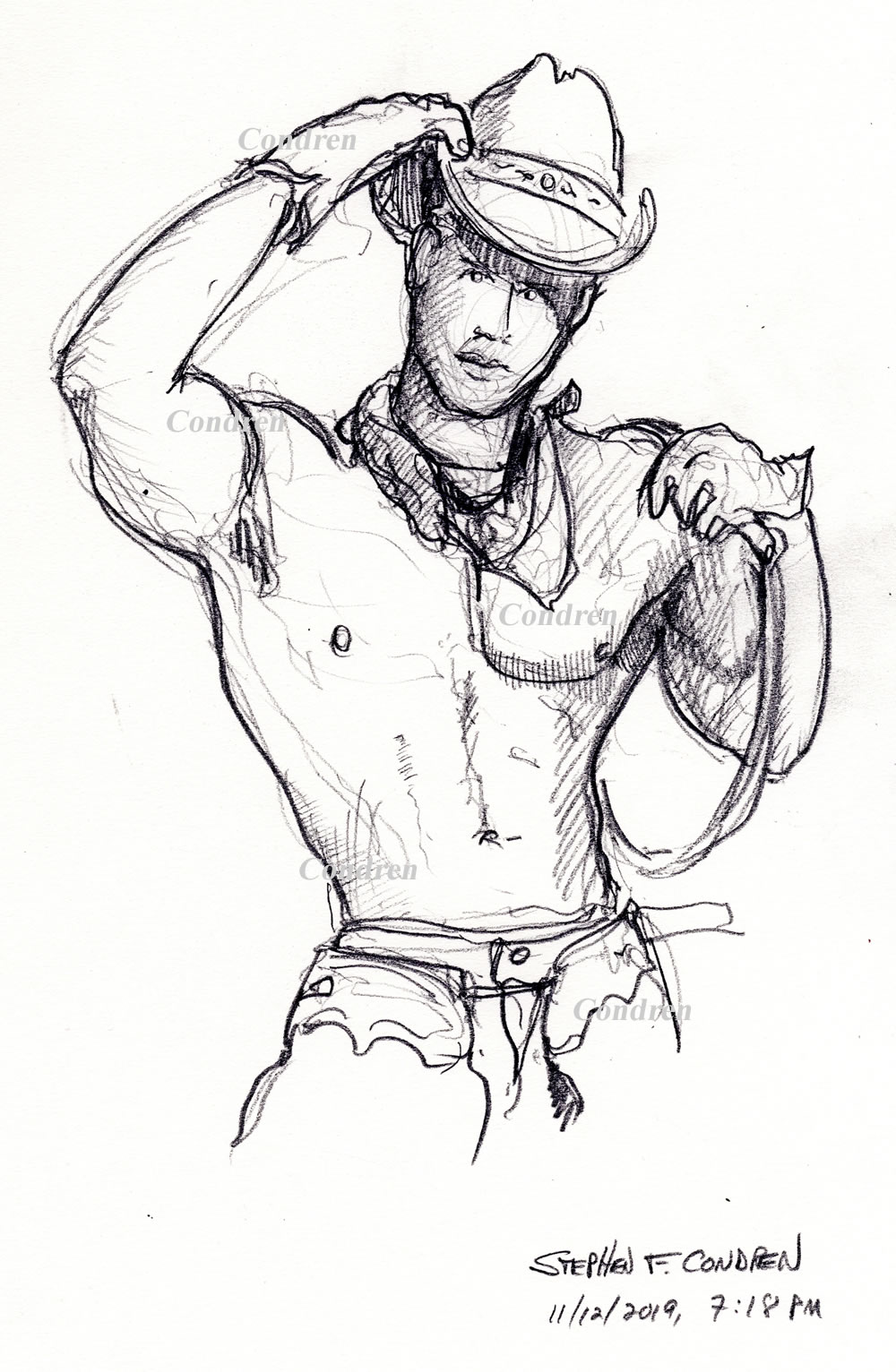 Hot shirtless cowboy #344Z pencil figure by artist Stephen F. Condren, with LGBTQ endorsed gay prints, and scans.