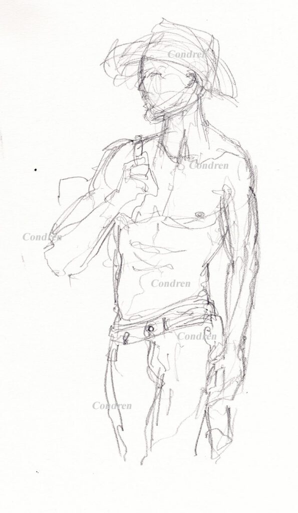 Pencil drawing of a shirtless cowboy by artist Stephen F. Condren.