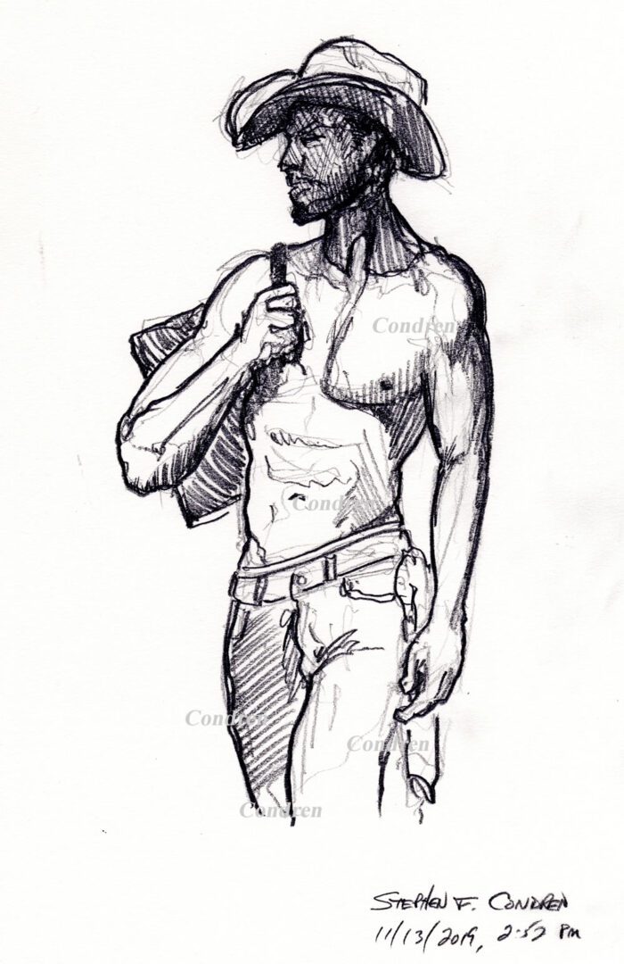 Hot shirtless cowboy #345Z pencil figure by artist Stephen F. Condren, with LGBTQ endorsed gay prints, and scans.