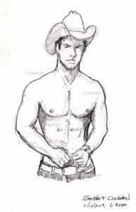 Hot shirtless cowboy #347Z male pencil figure by artist Stephen F. Condren, with LGBTQ endorsed gay prints, and scans.