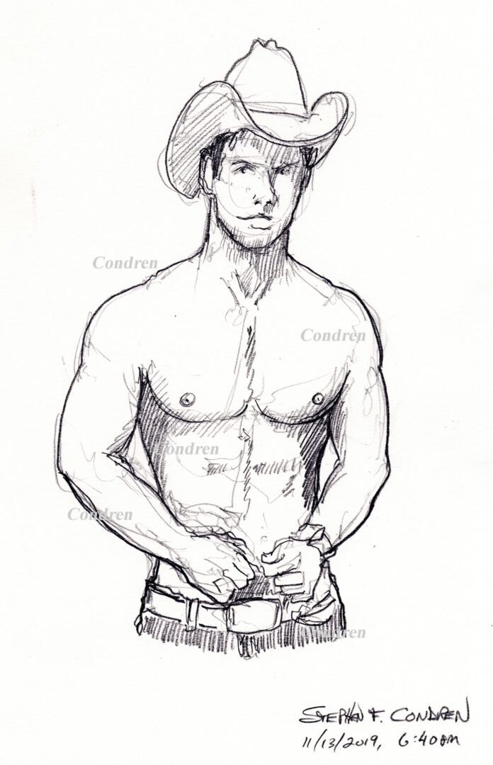 Hot shirtless cowboy #347Z gay pencil figure drawing by artist Stephen F. Condren.