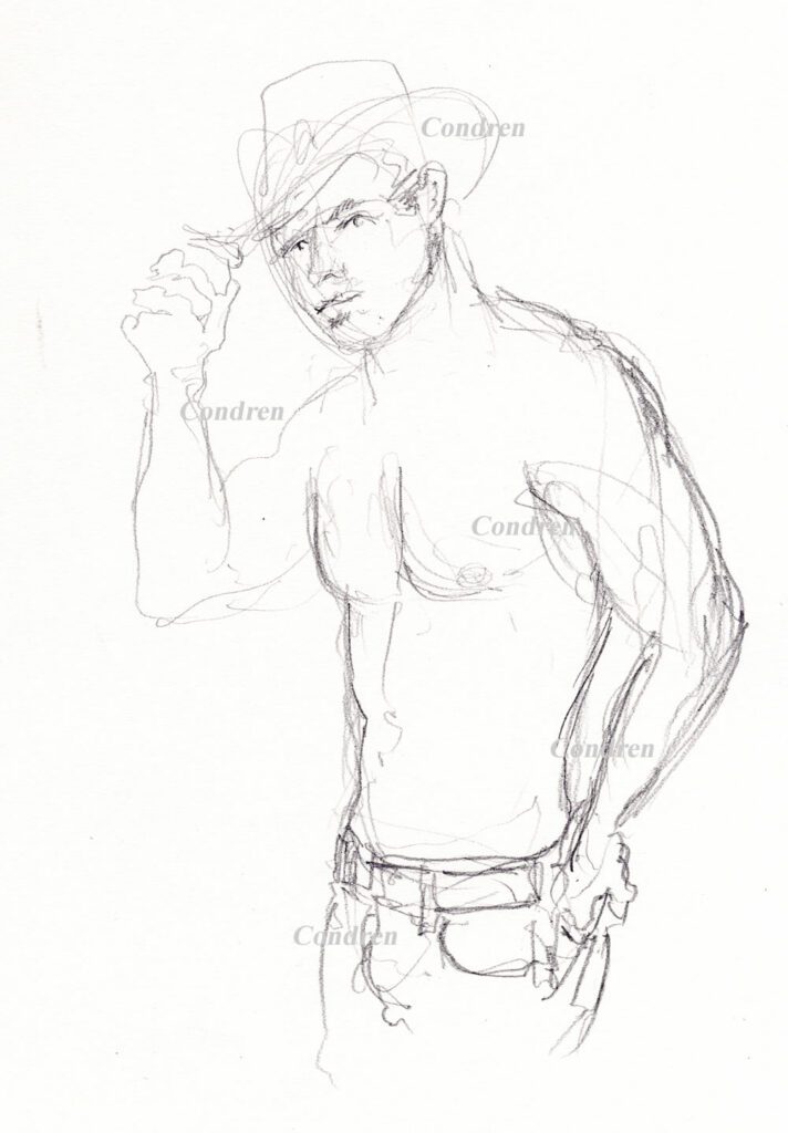 Hot Shirtless Cowboy #348A Pencil Figure Drawing • Stephen Condren