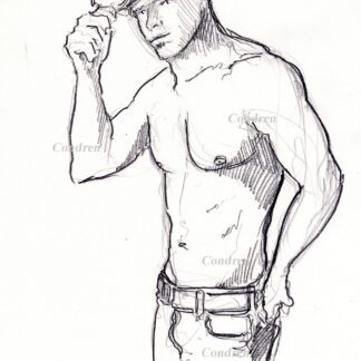 Hot shirtless cowboy #348A pencil figure drawing with his tipping hat and contour lines.