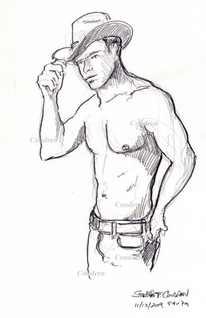 Hot shirtless cowboy #348A pencil figure drawing with his tipping hat and contour lines.