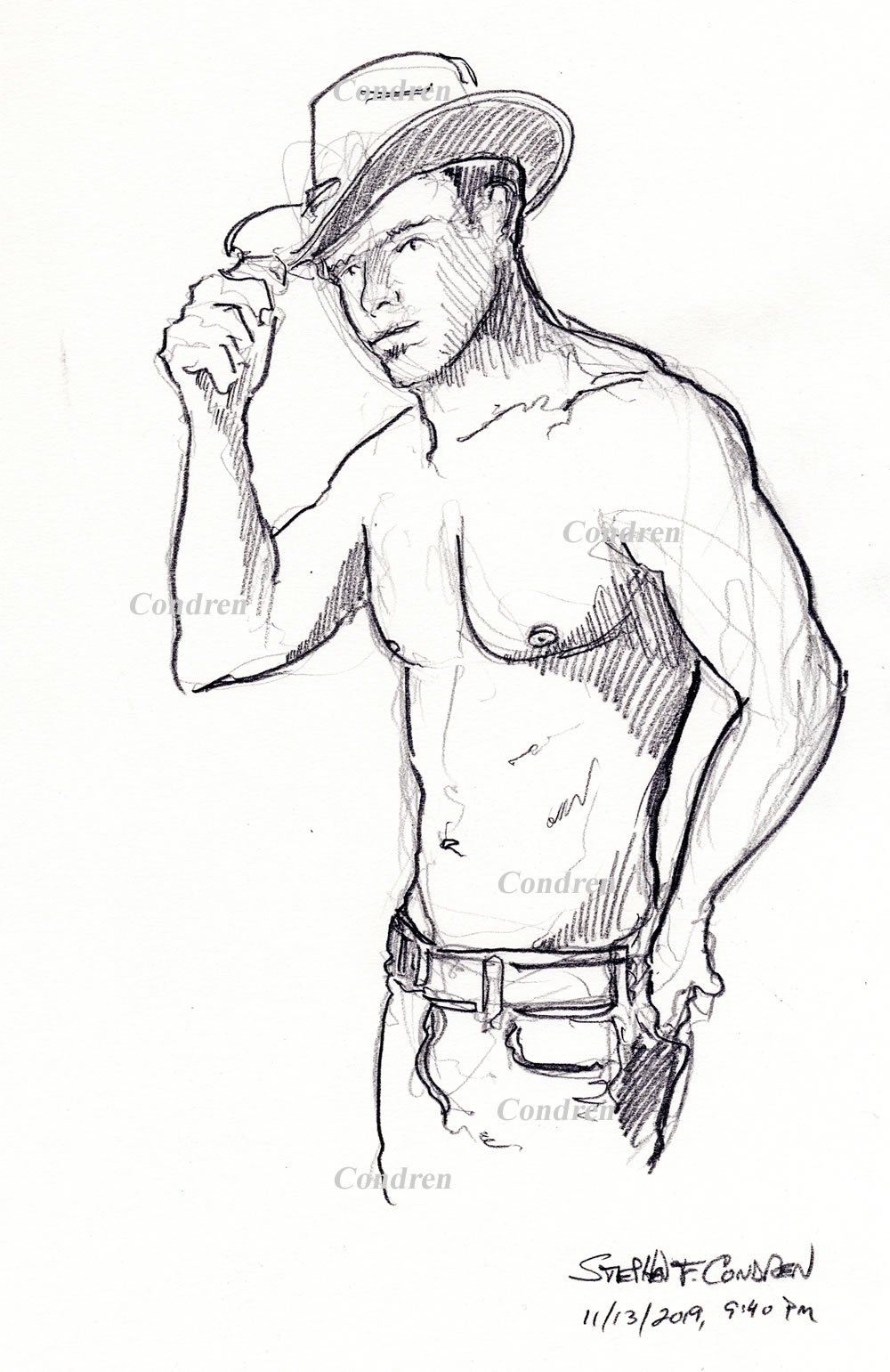 Hot shirtless cowboy #348Z male pencil figure drawing by artist Stephen F. Condren, with LGBTQ endorsed gay prints, and scans.
