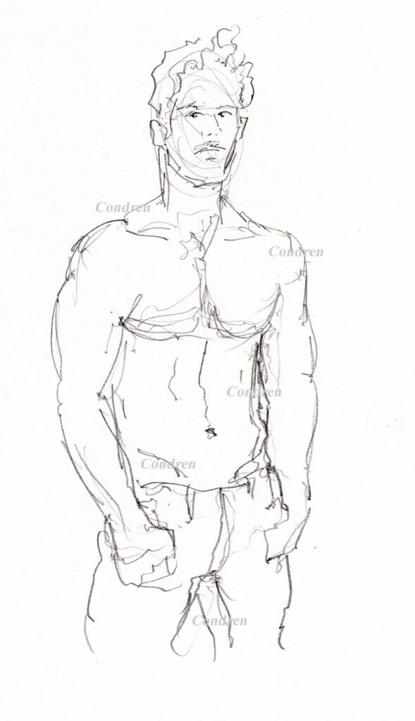 Pencil drawing of a hot shirtless male by artist Stephen F. Condren.
