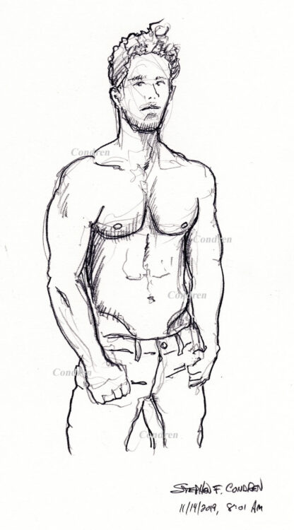 Hot shirtless male #349A pencil figure drawing of hot young gay man with muscular torso and abs.