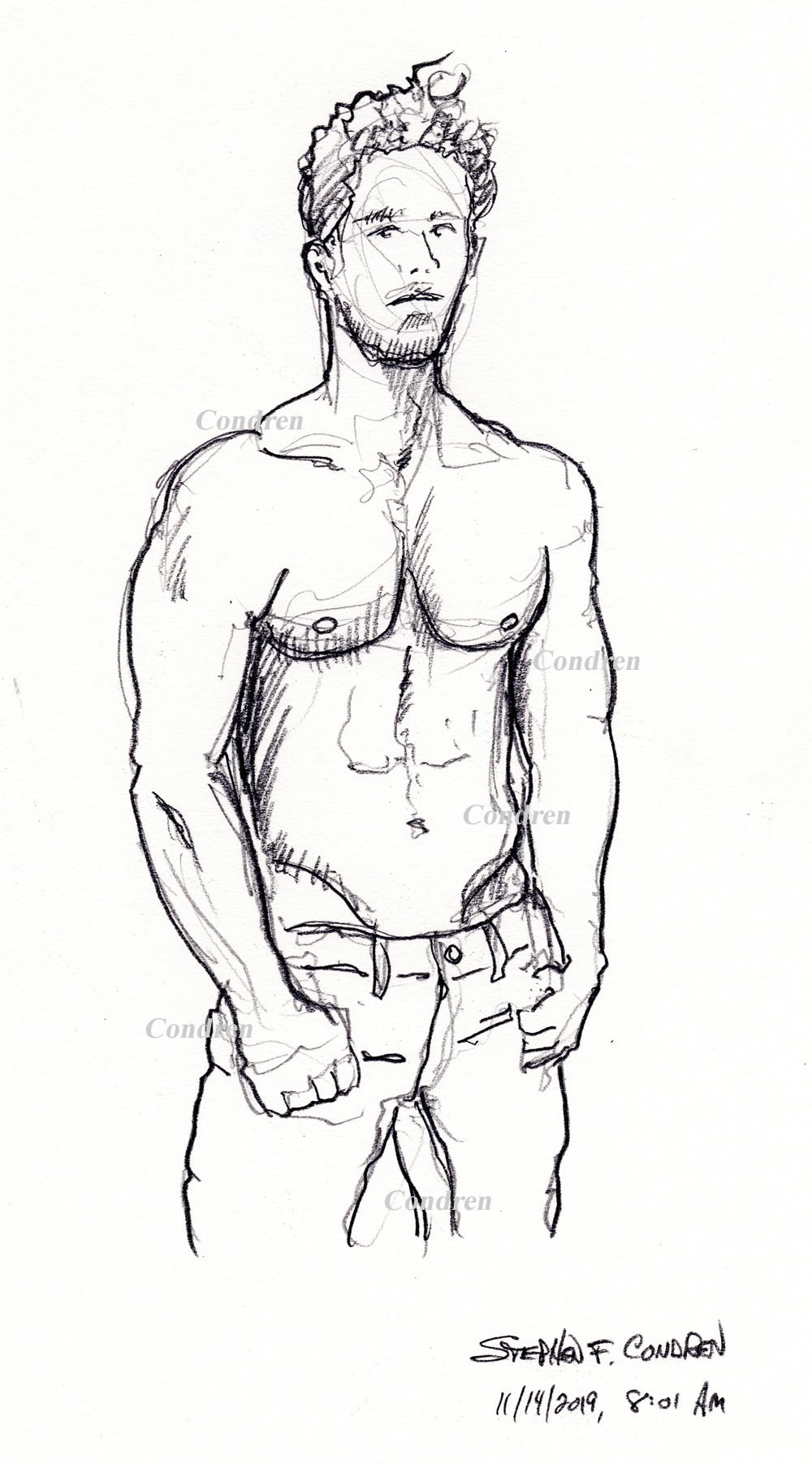Hot shirtless male 349Z pencil figure drawing by artist Stephen F. Condren.