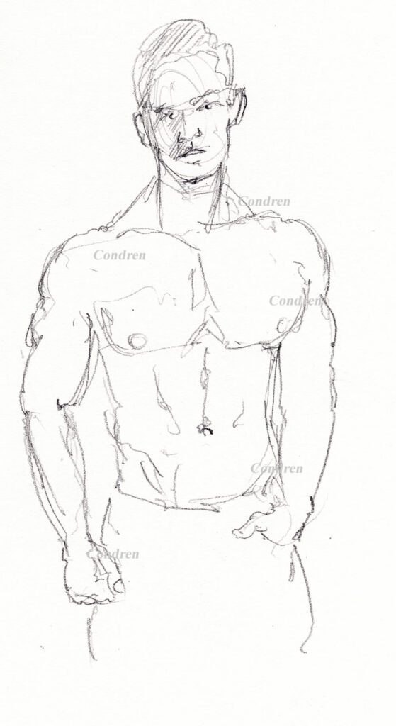 Abel Albonetti #350Z fitness model pencil figure drawing by artist Stephen F. Condren, with LGBTQ endorsed gay prints, and scans.