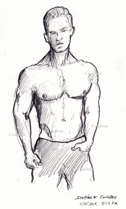 Abel Albonetti #350A pencil figure drawing of his male beauty, physique, pecs, abs, and 6-pack.