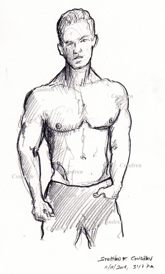Abel Albonetti #350Z fitness model pencil figure drawing by artist Stephen F. Condren, with LGBTQ endorsed gay prints, and scans.