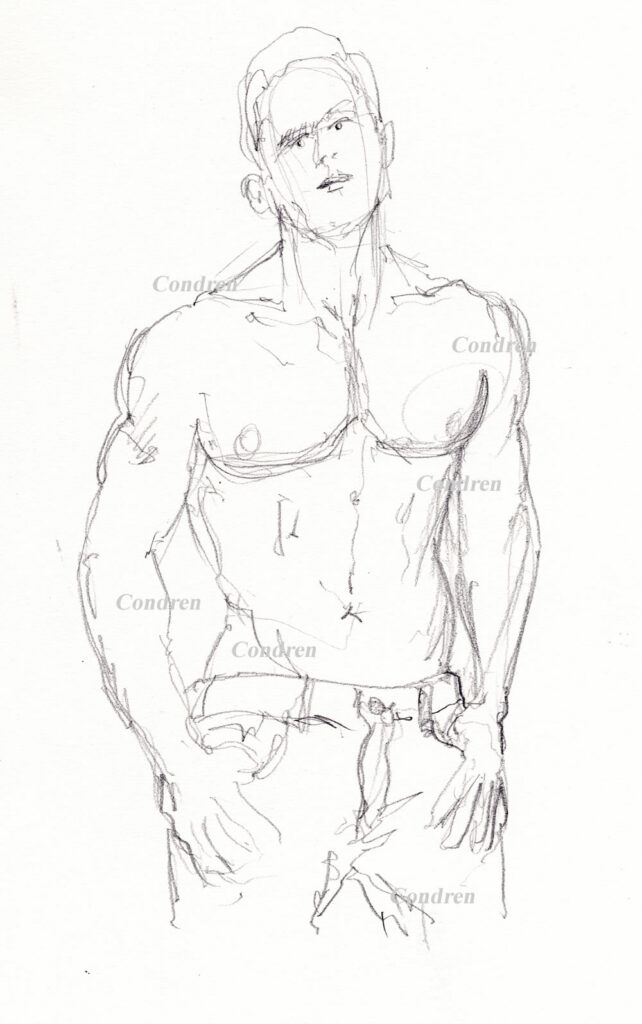 Abel Albonetti #351Z fitness model pencil figure drawing by artist Stephen F. Condren, with LGBTQ endorsed gay prints, and scans.