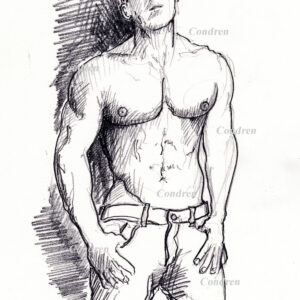 Abel Albonetti #351A pencil figure drawing of his fit body, sexy torso, done with contour lines.