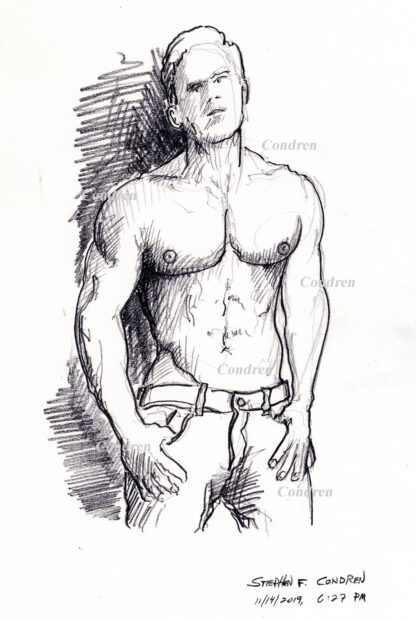 Abel Albonetti #351A pencil figure drawing of his fit body, sexy torso, done with contour lines.