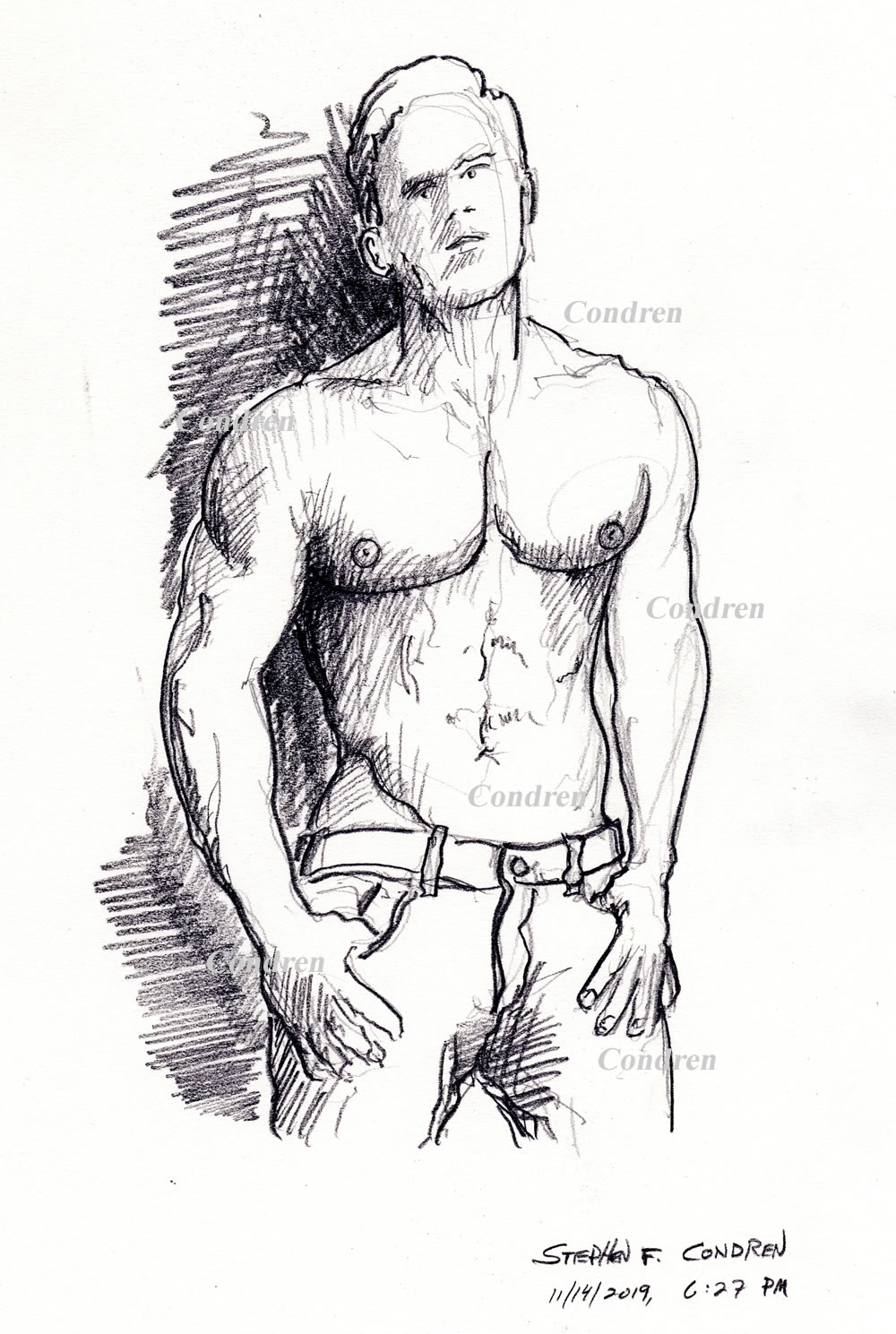 Abel Albonetti #351Z fitness model pencil figure drawing by artist Stephen F. Condren, with LGBTQ endorsed gay prints, and scans.