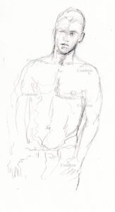 Pencil drawing of a shirtless male. 