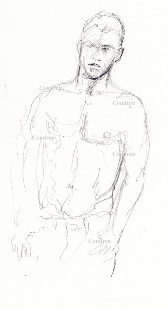 Hot shirtless male #352Z pencil figure drawing by artist Stephen F. Condren, with LGBTQ endorsed gay prints.