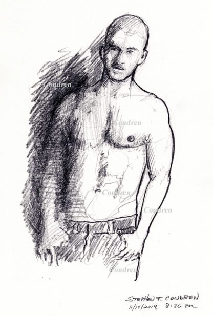 Hot shirtless male #352A pencil figure drawing of his fit body, sexy torso, with dark hatched shadow lines.