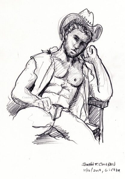 Hot shirtless cowboy #354A pencil figure drawing with dark contour lines and shading of his torso.