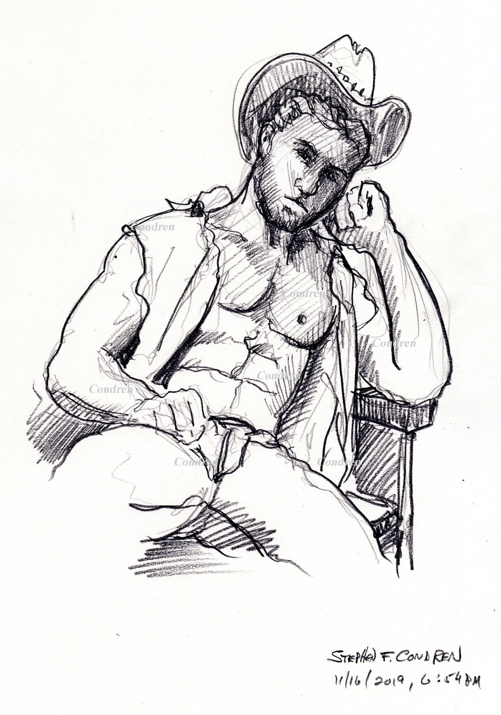 Hot shirtless cowboy #354Z pencil figure drawing by artist Stephen F. Condren.