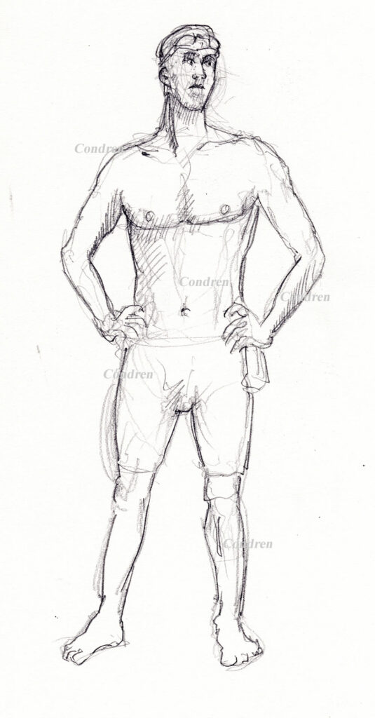 Michael Phelps #355Z or Olympic Champion, pencil figure drawing by artist Stephen F. Condren, with LGBTQ endorsed gay prints.