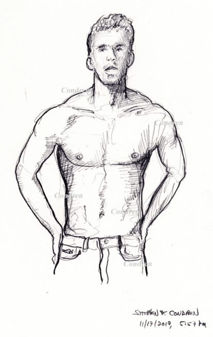 Michael Phelps #357A pencil figure drawing of his muscular body with chiseled torso with contour lines.
