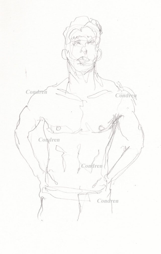Hot shirtless male #358Z pencil figure drawing by artist Stephen F. Condren, with LGBTQ endorsed gay prints.
