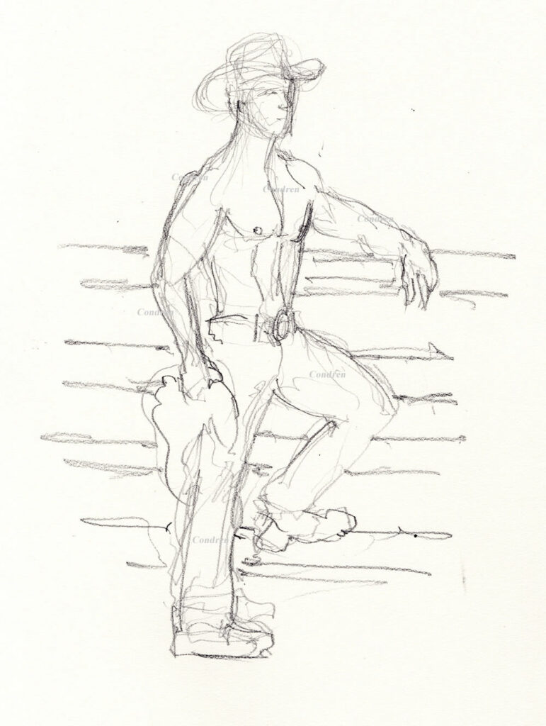 Hot shirtless cowboy #364Z pencil figure drawing by artist Stephen F. Condren with LGBTQ gay prints, and scans.