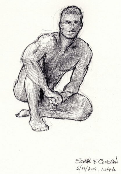 Male figure drawing #312A of nude man seated on his haunches with his hands covering his loins, and hatched lines.