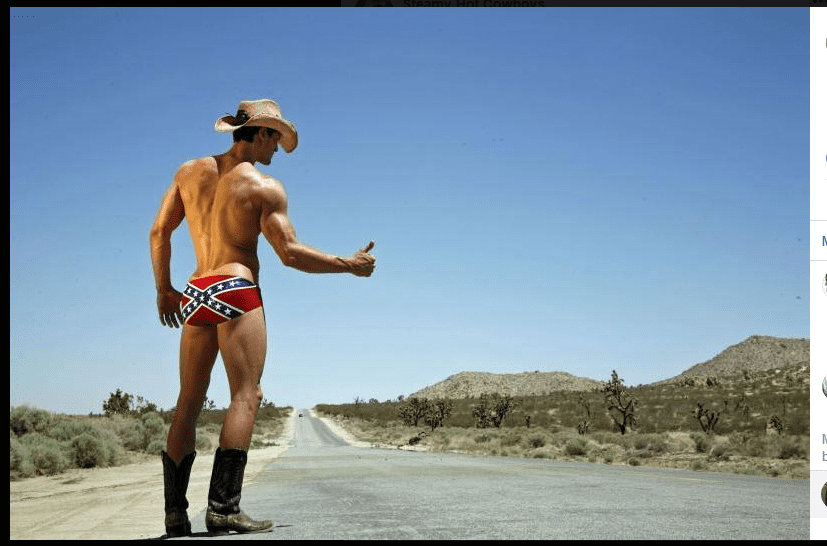 Photograph of a naked cowboy thumbing for a ride on the desert roadside.