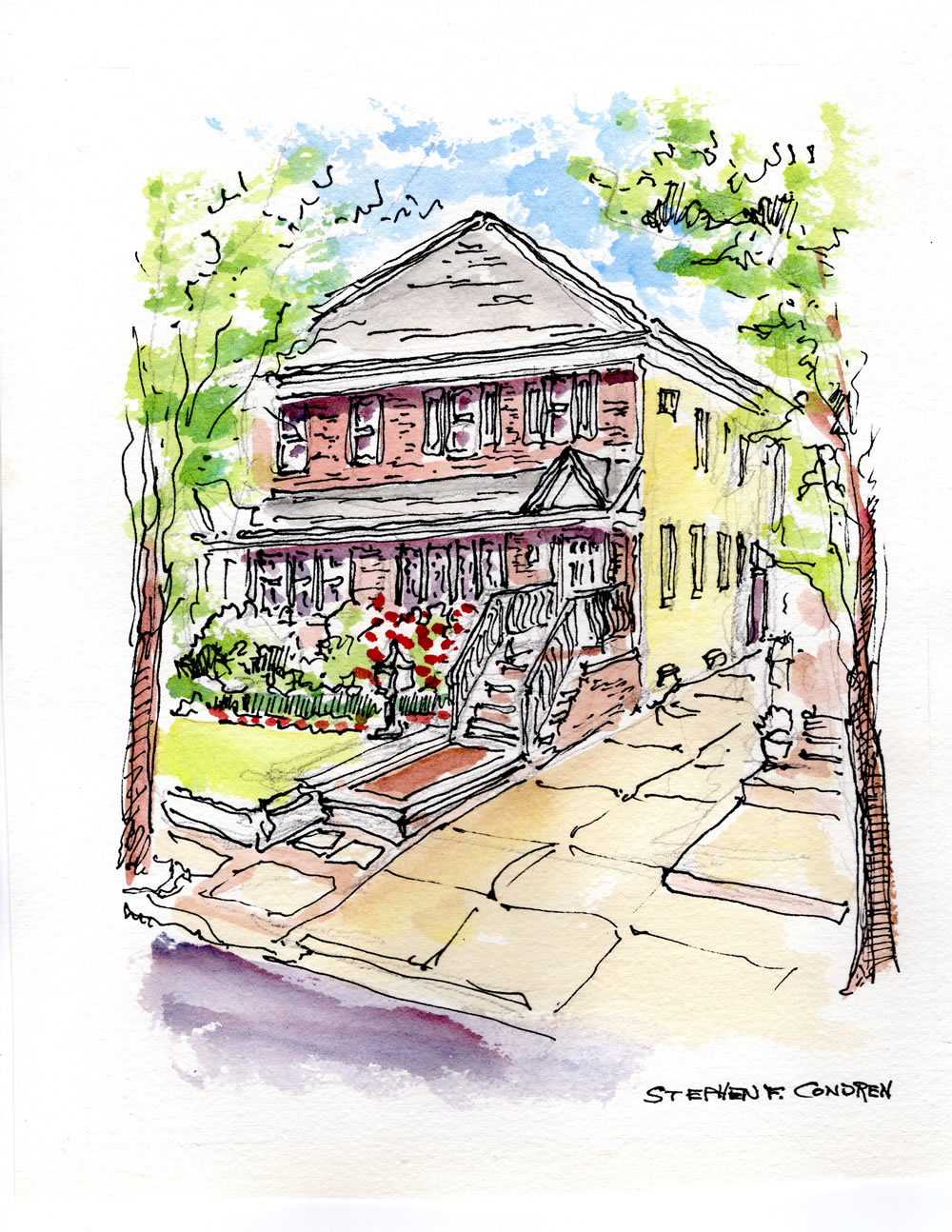 House portrait #604Z watercolor with pen & ink, and scans for Realtor closing gift note cards by artist Stephen F. Condren.