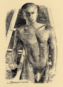 Nude male pen&ink #144A, or naked man stylus sketch, by artist, and Veteran, Stephen F. Condren, of Condren Galleries, offering prints & scans.