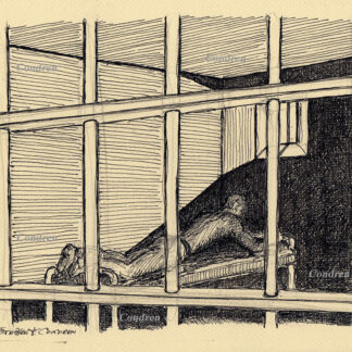 Boy in jail #540A, or prison lad pen & ink drawing by artist Stephen F. Condren, of Condren Galleries, offering prints & scans.