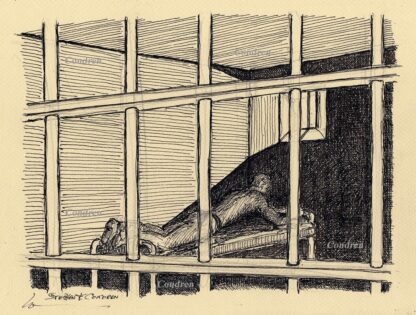 Boy in jail #540A, or prison lad pen & ink drawing by artist Stephen F. Condren, of Condren Galleries, offering prints & scans.