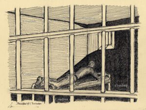 Boy in jail #540Z, or prison lad, a pen & ink drawing of a boy on a bed in a dark prison cell, with bright lights shining in the window, by artist, and Veteran, Stephen F. Condren, of Condren Galleries, a Fine Arts Gallery, with gay LGBTQ approved prints, and scans.