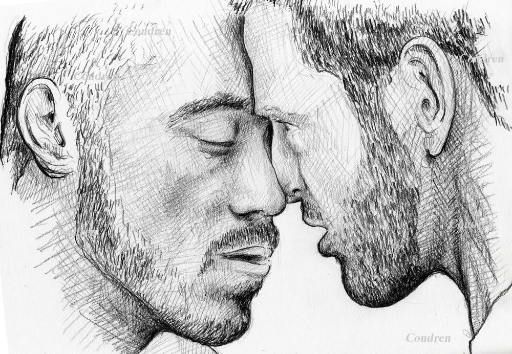What does it mean to be gay? #597Z, or same sex oriented, a pencil drawing of two gay men preparing to kiss by artist Stephen F. Condren, of Condren Galleries, with gay LGBTQ approved prints, and scans.