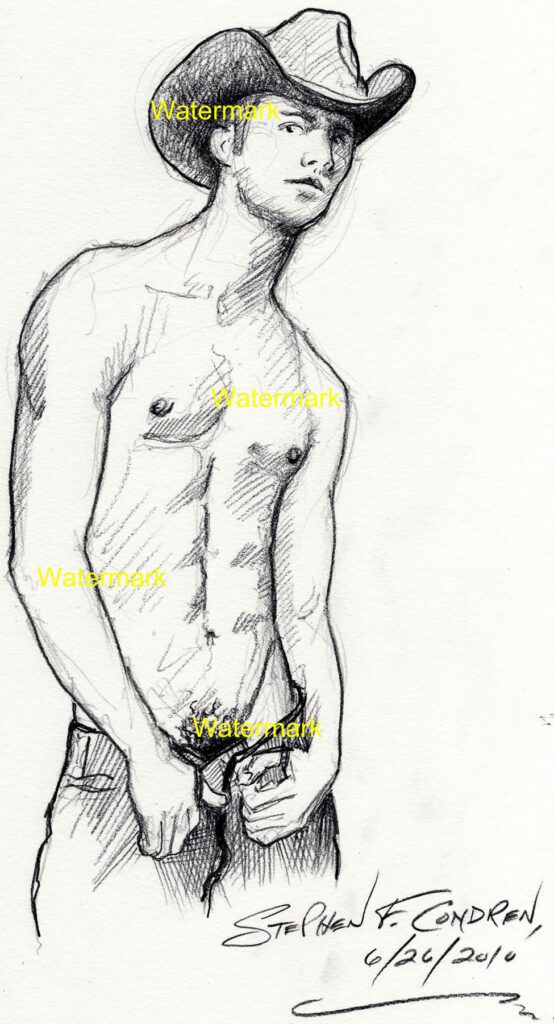 Pencil drawing of a gay shirtless cowboy looking to hookup by artist Stephen F. Condren.