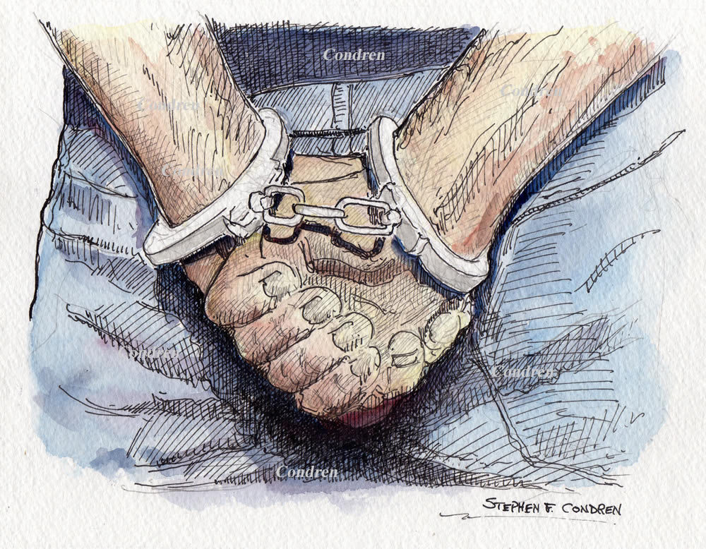 Hand cuffs #334Z gay torture, BDSM, and bondage watercolor with pen & ink figure drawing of a man wearing blue jeans being hand cuffed from behind his back by artist Stephen F. Condren, with LBGTQ prints.