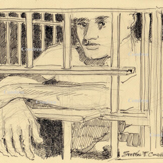 Jail Bait #588A pen & ink bondage BDSM drawing of a hot young boy looking through prison bars with hands on cell block.